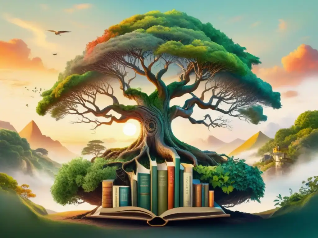 Un árbol antiguo con hojas verdes vibrantes entrelazadas con libros de distintos idiomas, simbolizando la conexión entre literatura y la preservación de lenguas amenazadas