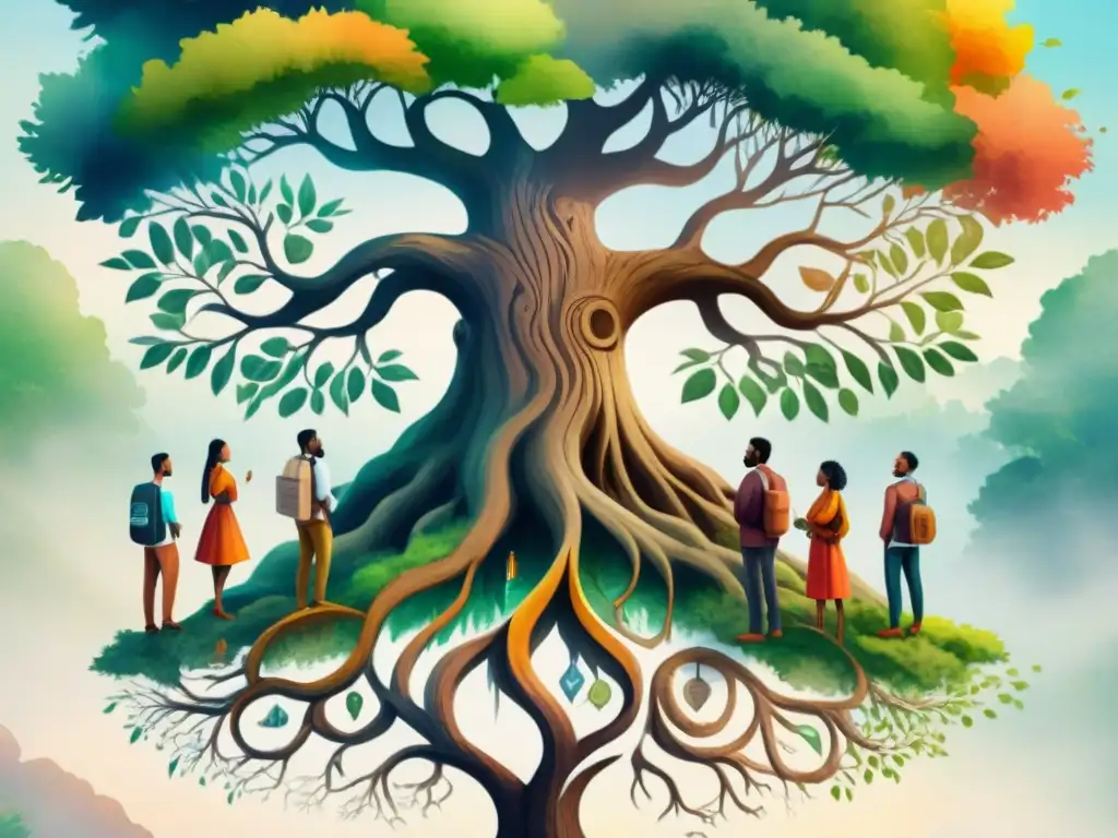 Un árbol antiguo con raíces entrelazadas en dialectos alrededor de personas diversas