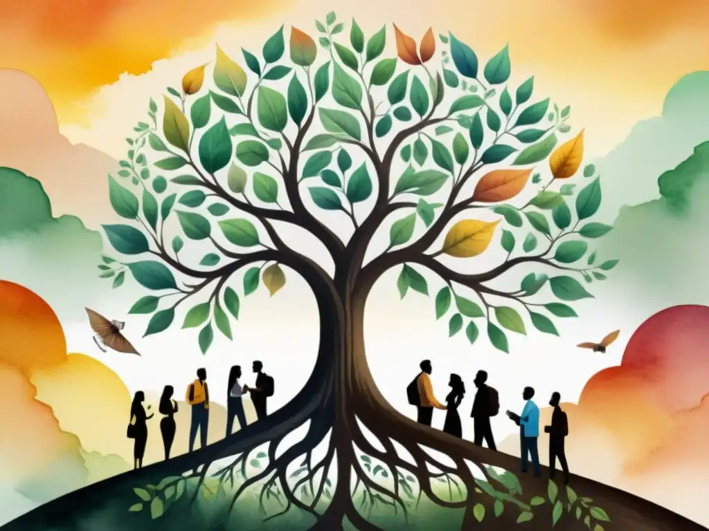 Un árbol de conocimiento florece con idiomas en peligro, uniendo culturas diversas