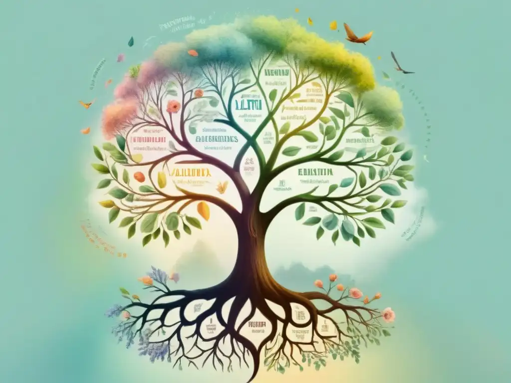 Árbol lingüístico: evolución de palabras en múltiples idiomas Un árbol lingüístico vibrante con préstamos lingüísticos en vocabulario moderno entrelazados en sus ramas, simbolizando la evolución del lenguaje