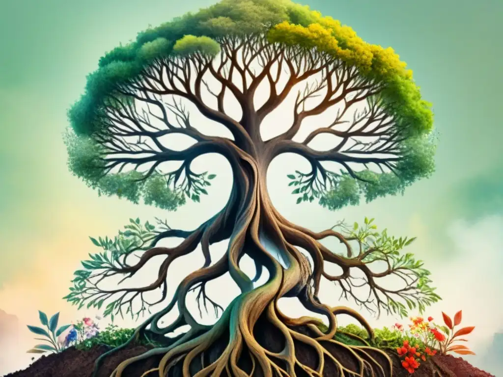 Un árbol majestuoso con raíces profundas y flores que se transforman en palabras, simbolizando la evolución del significado a través de los siglos