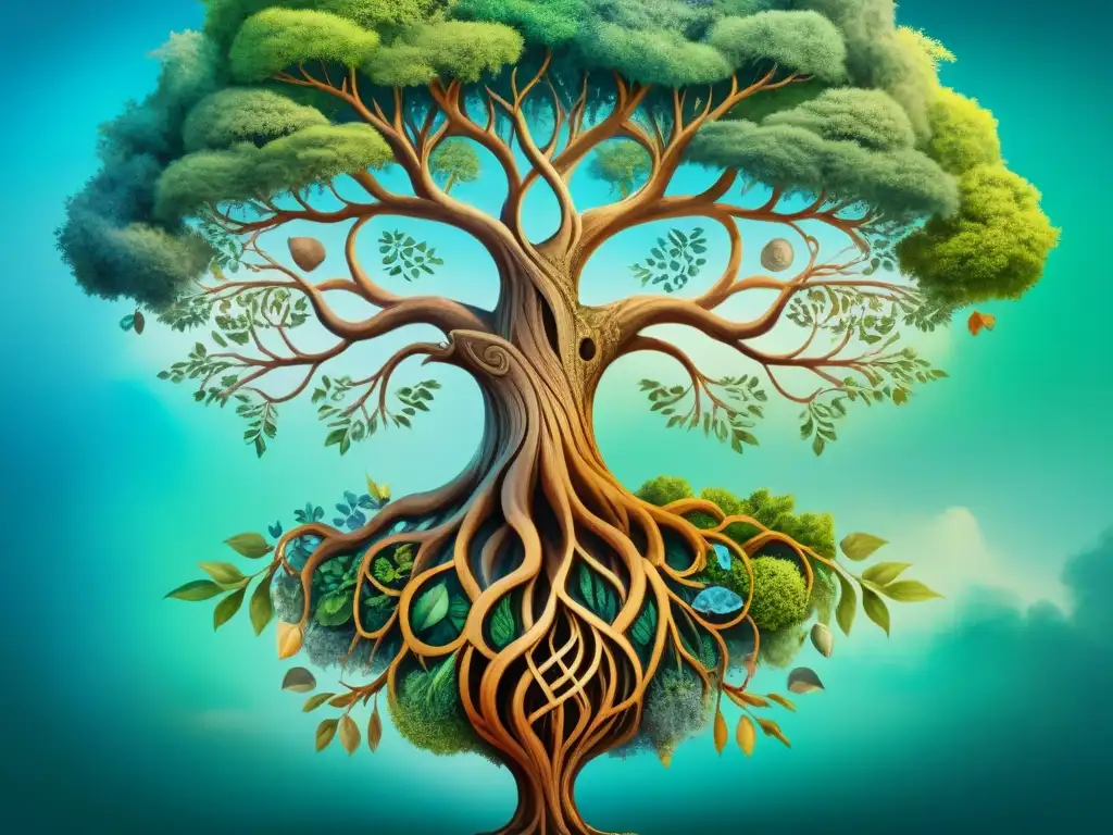 Un árbol majestuoso con raíces profundas y ramas adornadas con símbolos, evocando la evolución del significado de palabras a través de siglos