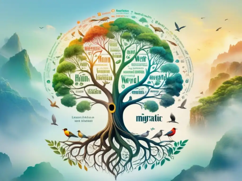 Un árbol vibrante con raíces en un mapa mundial, ramas con alfabetos de distintos idiomas, hojas con palabras que atraviesan fronteras