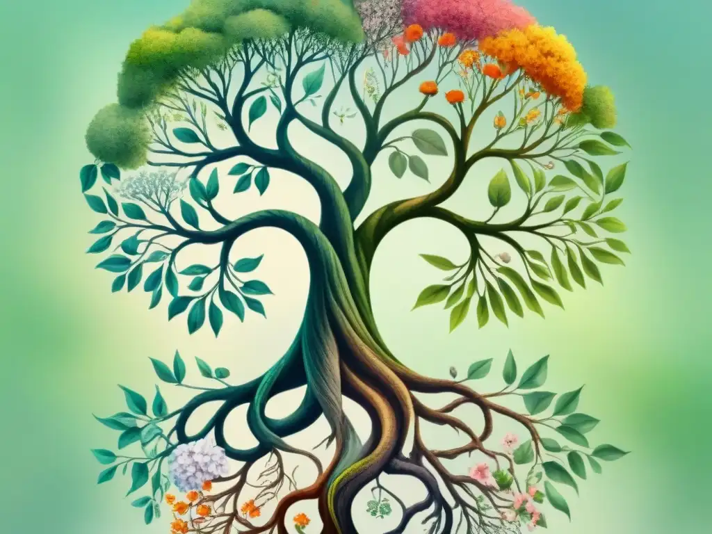 Un árbol vibrante con raíces retorcidas en palabras de idiomas, ramas con flores simbolizando la transformación semántica de las palabras
