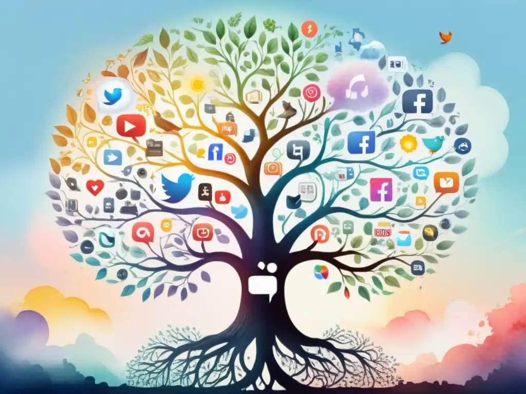 Un árbol vibrante evoluciona con redes sociales, influenciando el inglés