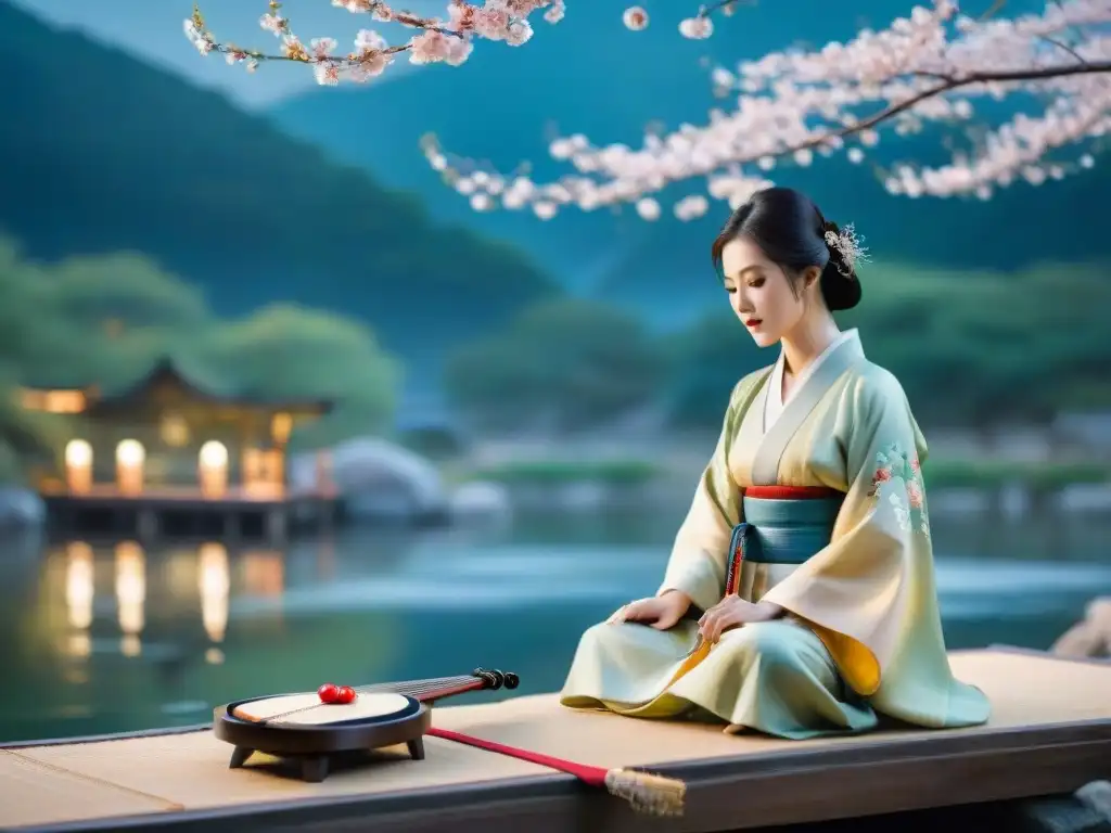 Armonía cultural entre Japón y Corea: artistas de shamisen y gayageum unidos en noche serena junto al río, importancia música como puente cultural