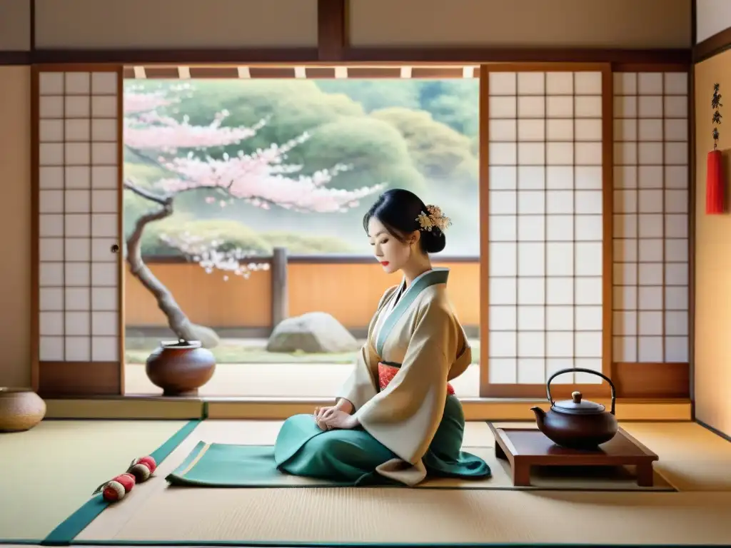 Armoniosa ceremonia del té japonés y coreano en sala de tatami, con flores de cerezo