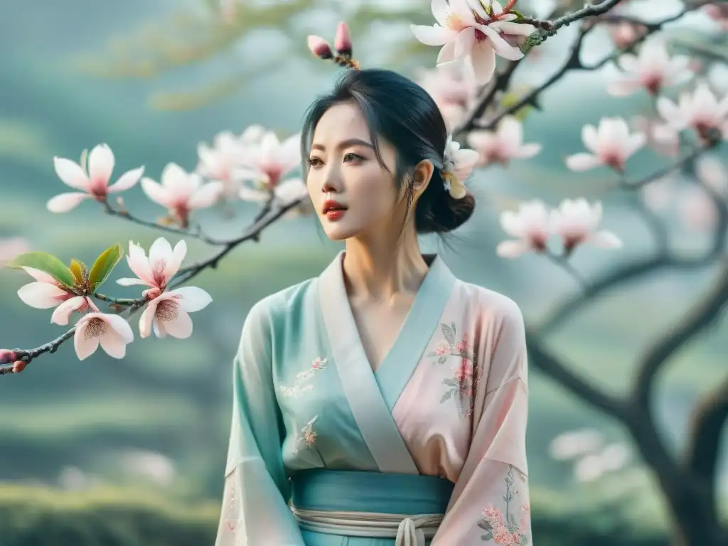 Armoniosa ilustración acuarela de cerezo y magnolia, simbolizando palabras similares japonés coreano