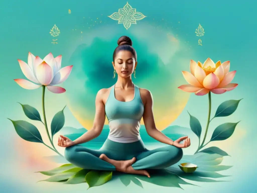 Armoniosa ilustración acuarela de yoga con flores de loto y símbolos sánscritos, transmitiendo beneficios práctica yoga sánscrito