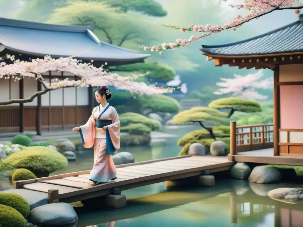 Pintura acuarela: Jardín japonés con geishas bailando Arte acuarela de jardín japonés con geishas danzando