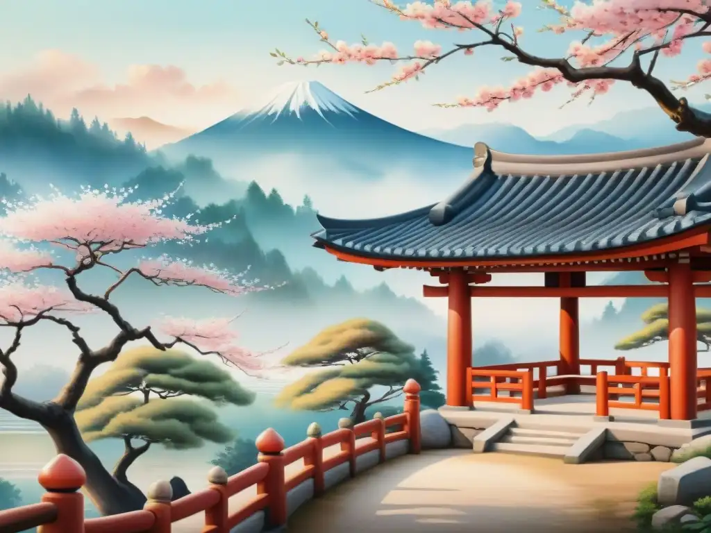 Arte acuarela: paisaje sereno con puerta torii japonesa y sakura, junto a casa hanok coreana