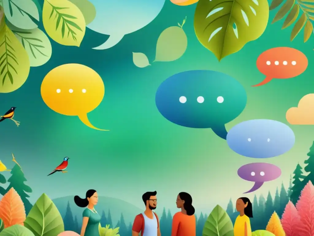 Armonía lingüística: diversidad cultural en acuarela Arte acuarela de personas diversas en bosque verde, burbujas de diálogo vibrantes