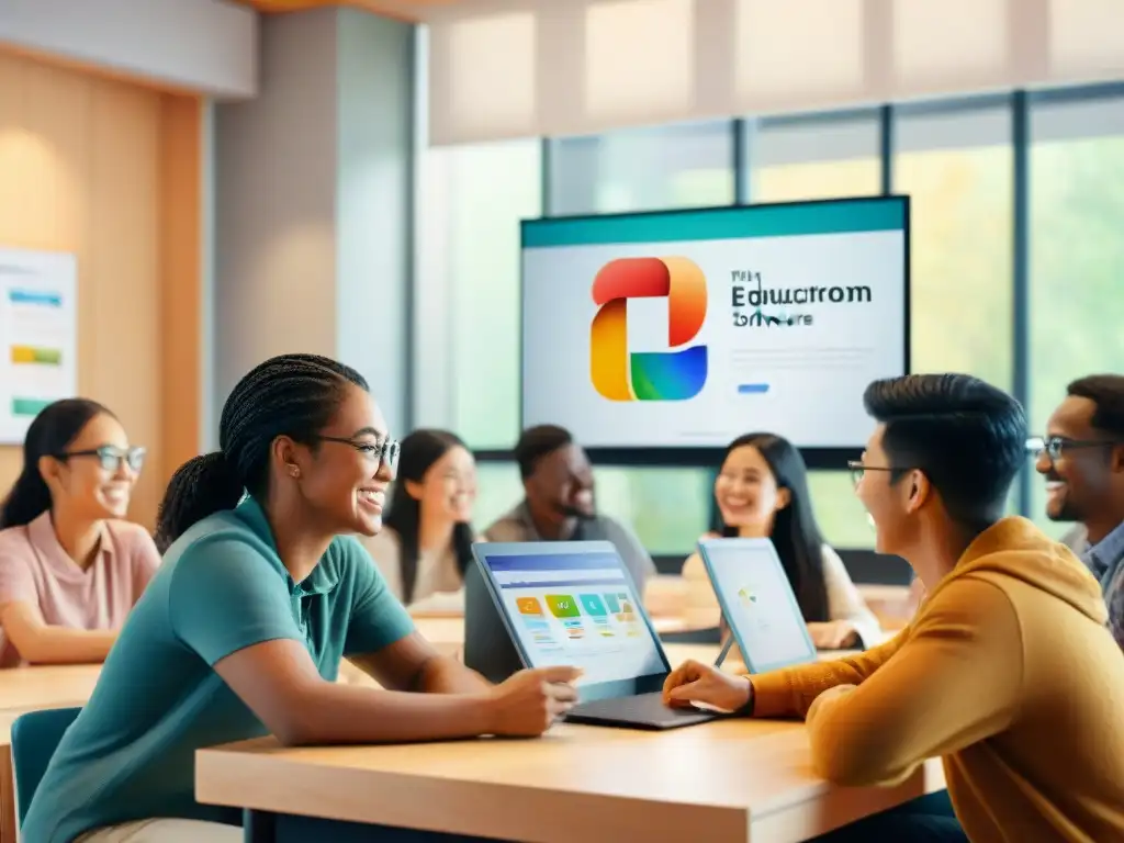 Un aula acogedora con estudiantes de diversas edades y etnias, interactuando con software educativo en armonía