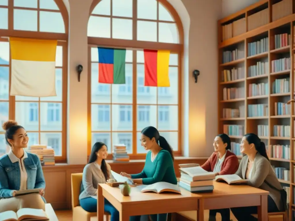 Un aula acogedora con estudiantes diversos aprendiendo idiomas rodeados de libros y banderas, con una vista de una ciudad europea