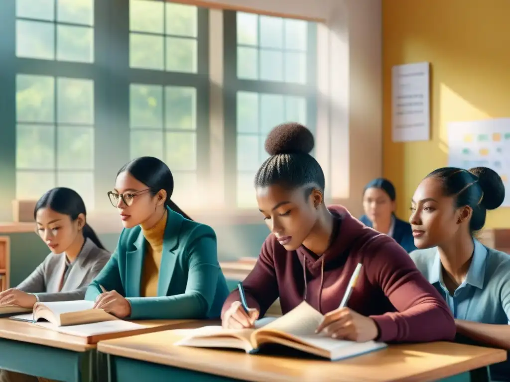 Un aula acogedora llena de alumnos diversos inmersos en sus estudios, mostrando determinación en su certificación lingüística camino planificación