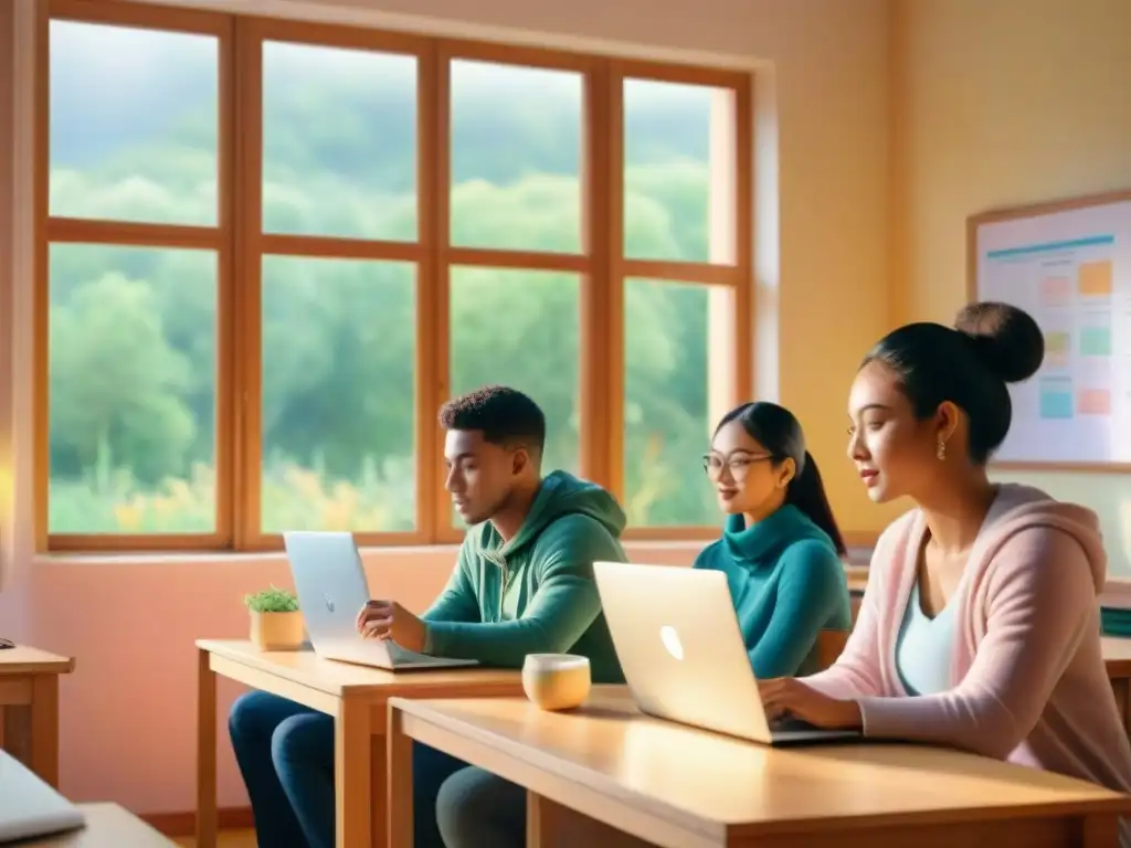 Un aula acogedora y vibrante llena de estudiantes usando software educativo para idiomas escolar en laptops y tablets, rodeados de libros y mapas