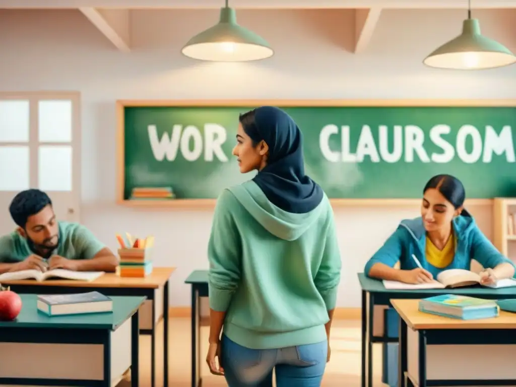 Un aula de árabe serena con estudiantes diversos aprendiendo árabe con aplicaciones, rodeados de libros y carteles coloridos