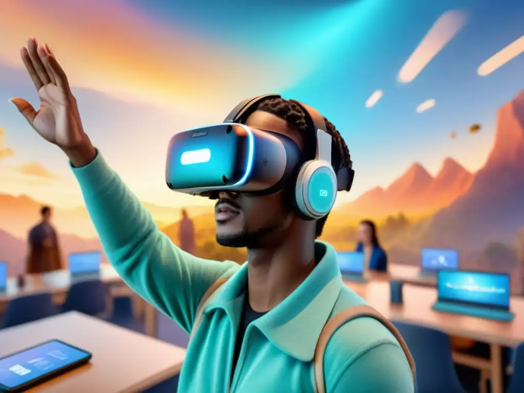 Un aula futurista con estudiantes de diferentes habilidades inmersos en la enseñanza de idiomas mediante Realidad Virtual