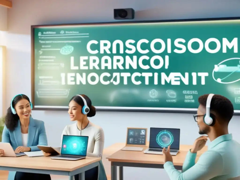 Un aula futurista con estudiantes diversos usando plataformas de inteligencia artificial para aprender idiomas en un ambiente innovador y dinámico