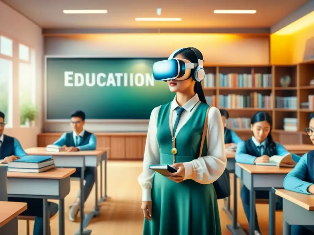 Aula del futuro: aprendizaje interactivo y tecnológico Un aula futurista llena de color donde estudiantes diversas usan tecnología avanzada para aprender idiomas