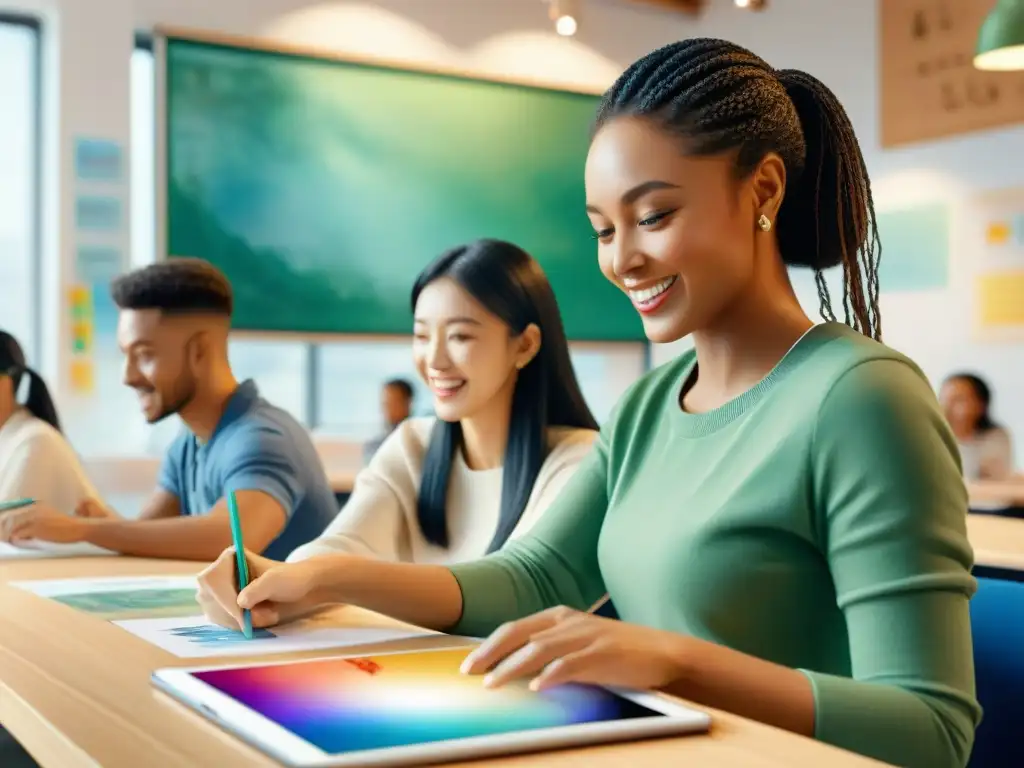 Un aula de idiomas vibrante y gamificada, llena de estudiantes diversos colaborando y compitiendo en actividades educativas