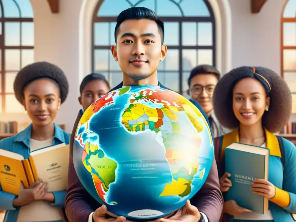 Un aula multicultural donde estudiantes de diversas etnias y culturas aprenden juntos, rodeados de libros y globos terráqueos