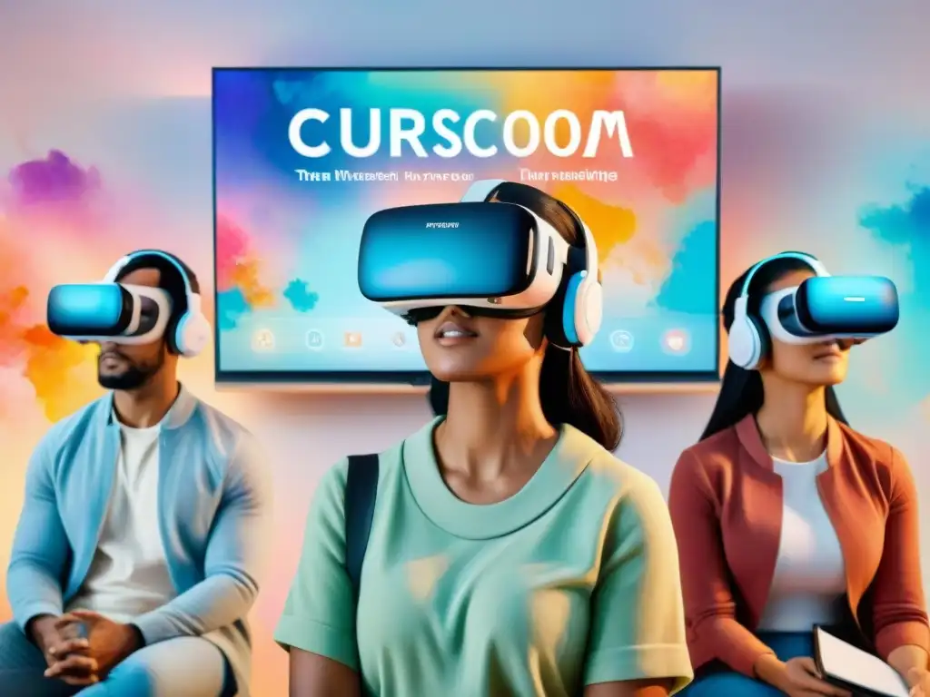 Un aula de Realidad Virtual para aprender idiomas, con estudiantes diversos inmersos en una lección multilingüe