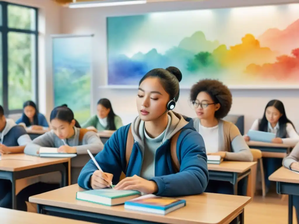 Un aula de inmersión lingüística total con tecnología educativa, donde estudiantes aprenden y colaboran en diferentes actividades de idiomas