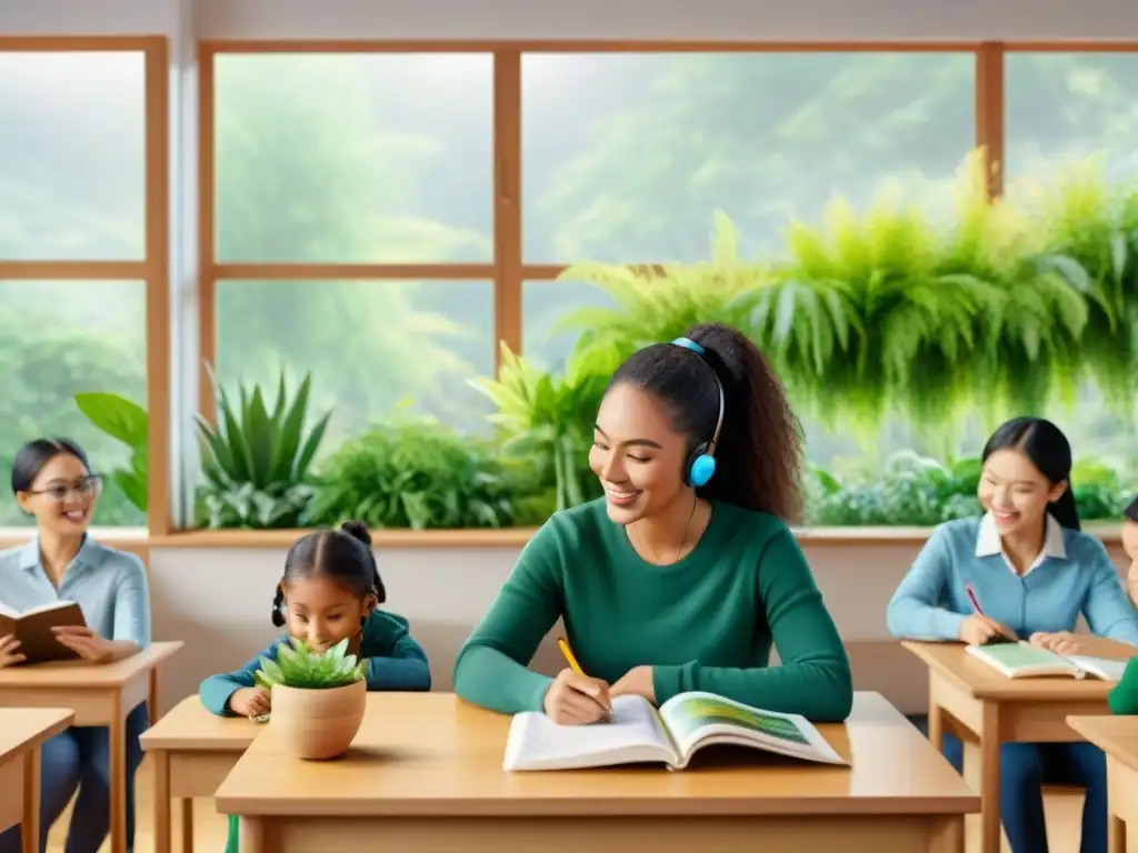 Un aula vibrante y diversa donde estudiantes colaboran y aprenden idiomas, rodeados de libros, tarjetas y tecnología