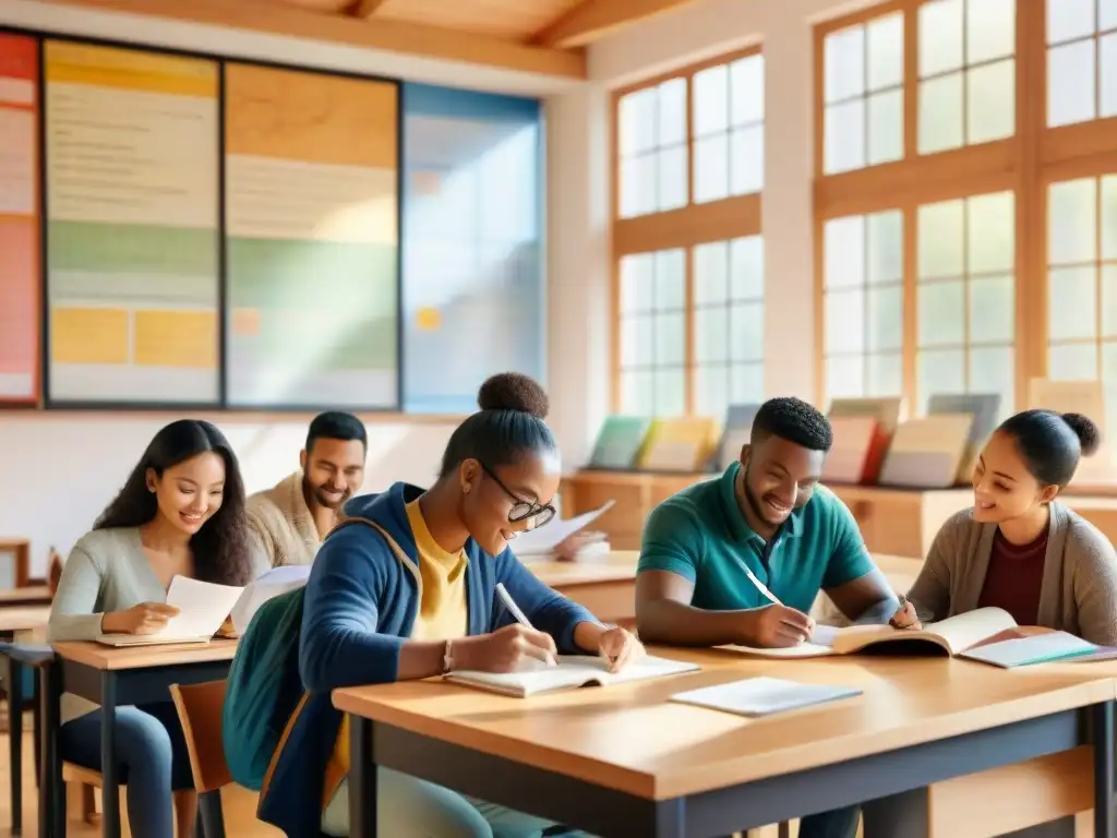 Un aula vibrante con estudiantes de diversas edades y etnias, inmersos en el aprendizaje de idiomas