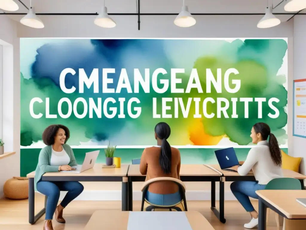 Un aula vibrante con estudiantes diversos inmersos en su viaje de aprendizaje personalizado