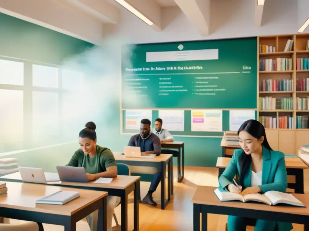 Un aula vibrante con estudiantes inmersos en el aprendizaje de idiomas, rodeados de libros y herramientas de traducción avanzada