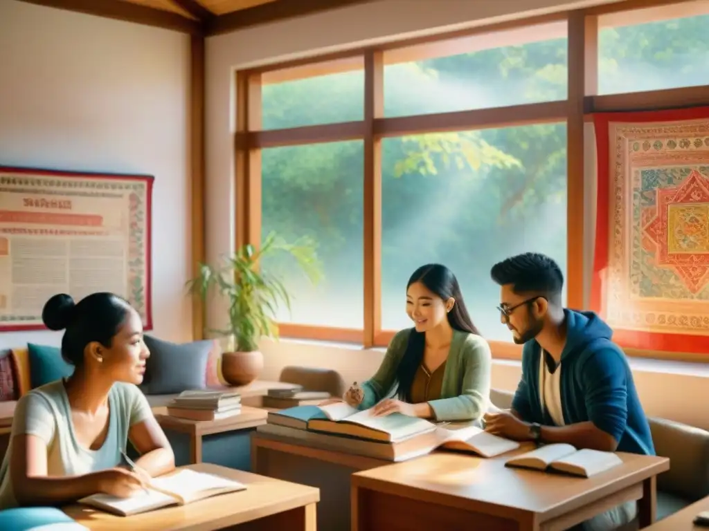 Un aula vibrante con estudiantes diversos inmersos en sus estudios de idiomas, rodeados de cultura global