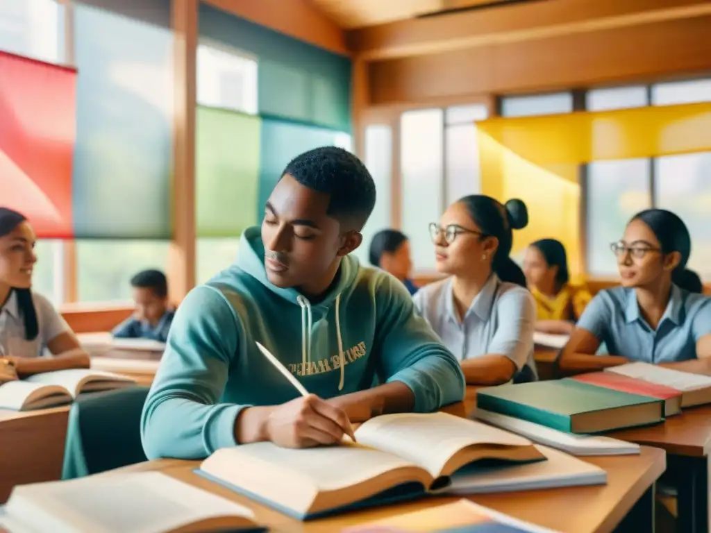 Un aula vibrante con estudiantes diversos estudiando juntos, simbolizando certificaciones idiomas mundo académico