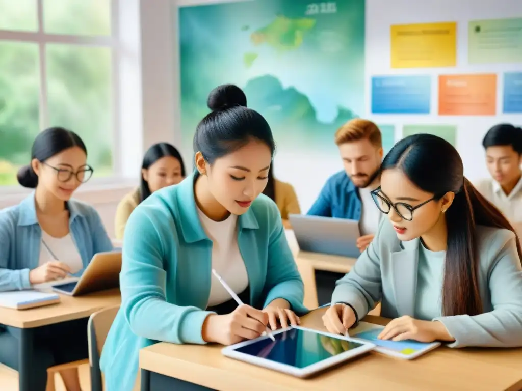 Un aula vibrante con estudiantes diversos usando software educativo para enseñar idiomas