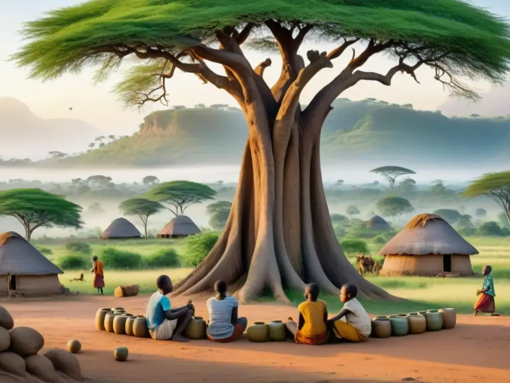 Aventura lingüística en Tanzania con swahili: Pintura acuarela de aldea tanzana al atardecer, niños jugando mancala bajo baobab