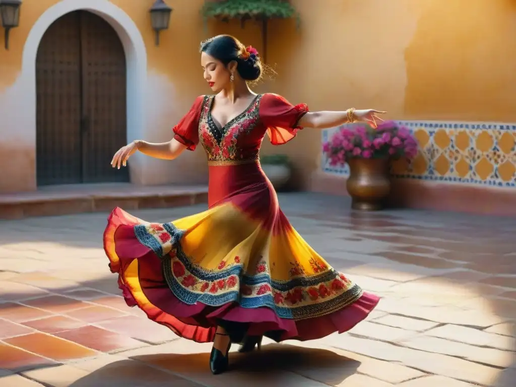 Una bailarina de flamenco con vestido vibrante en escenario iluminado, expresiones culturales de música gitana