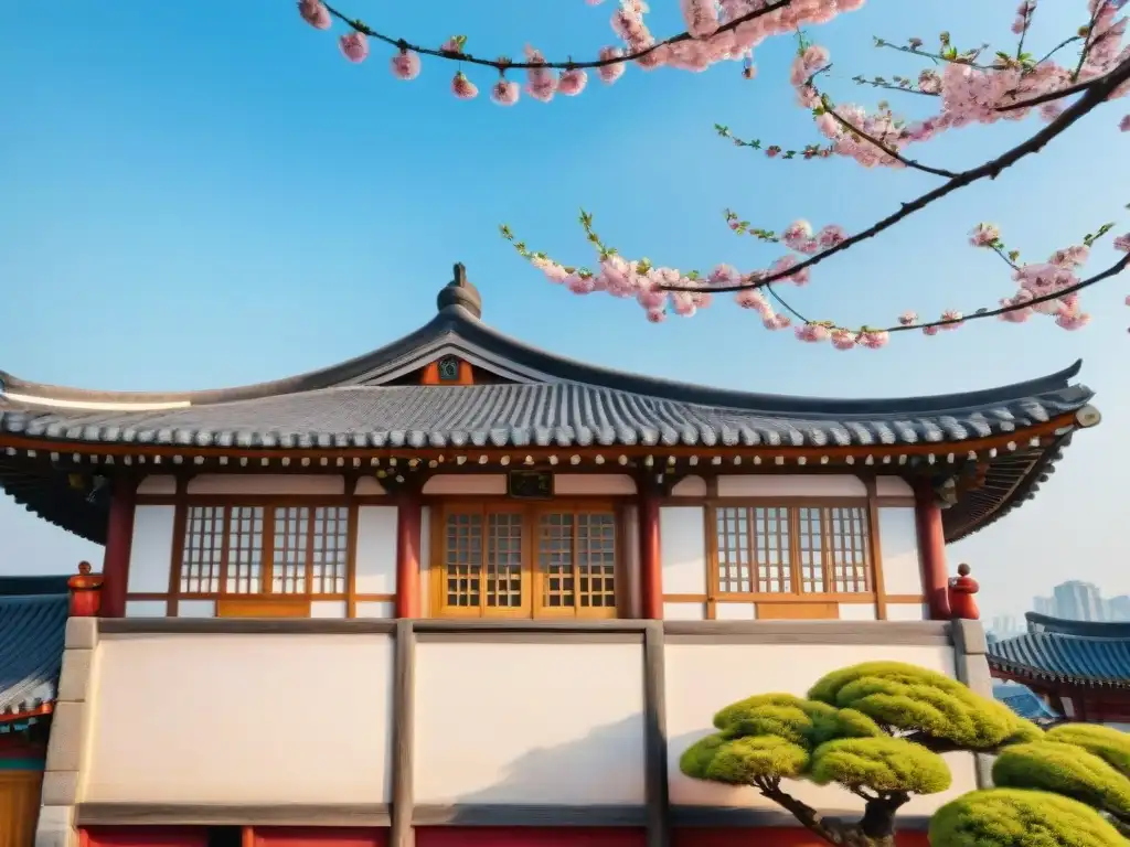 Una bella ilustración detallada en acuarela de una casa tradicional Hanok en Seúl, rodeada de árboles de cerezos en flor bajo un cielo azul claro