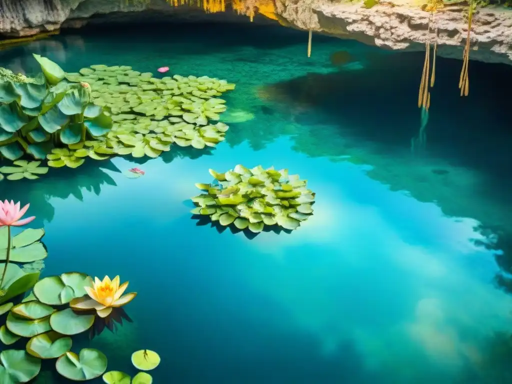 Inmersión en la belleza del mundo maya: cenote sereno con aguas turquesa, plantas exuberantes y lirios flotantes en Yucatán