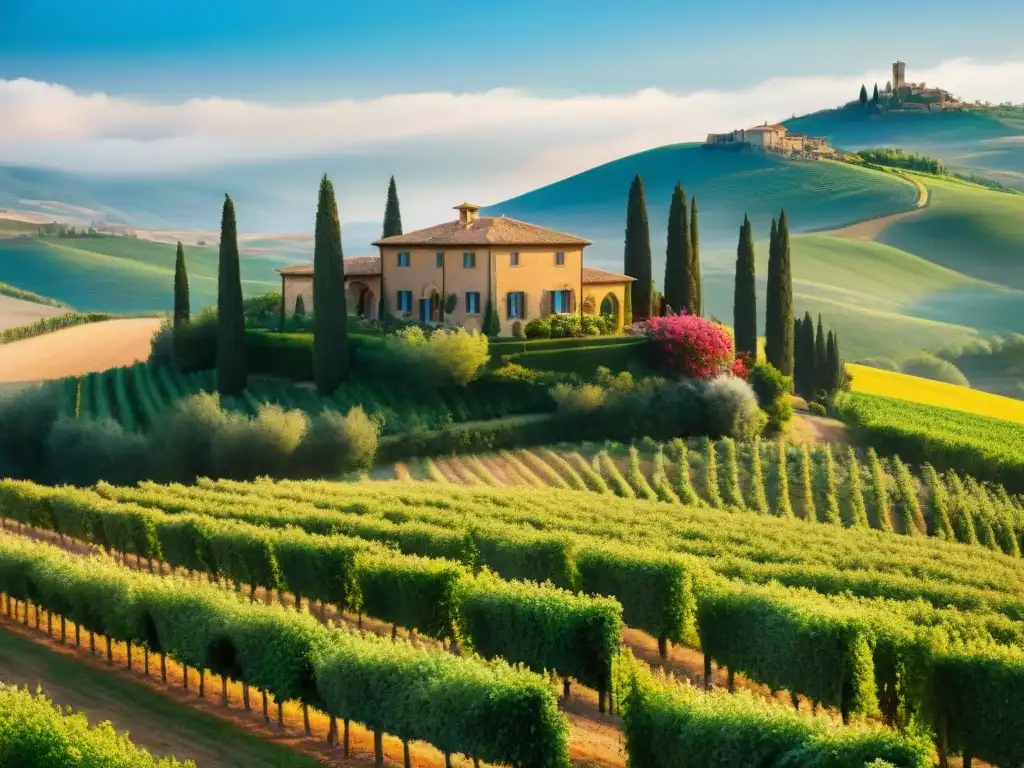 Descubre la belleza de la Toscana con esta pintura acuarela detallada de una villa toscana acogedora entre viñedos verdes