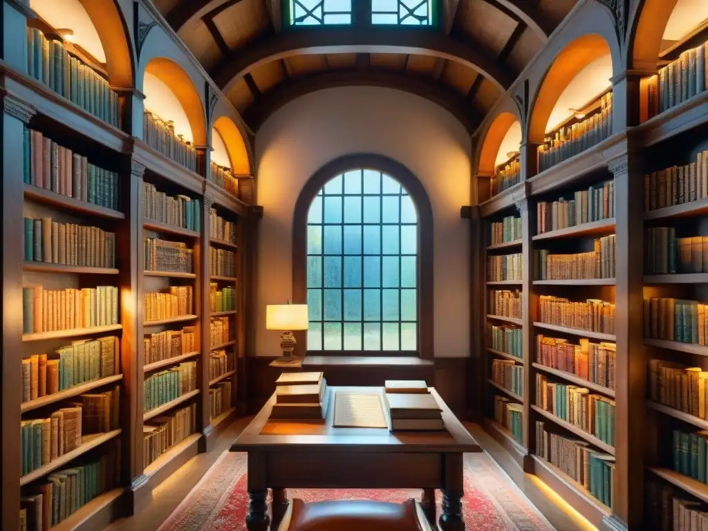 Acuarela detallada de antigua biblioteca con libros y manuscritos Una biblioteca antigua llena de libros y pergaminos, iluminada por el sol a través de vitrales