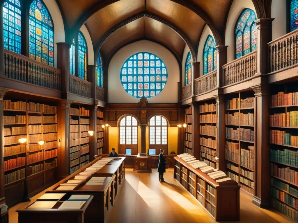 Una biblioteca antigua llena de sabiduría y diversidad cultural, reflejando la evolución de las lenguas IndoEuropeas