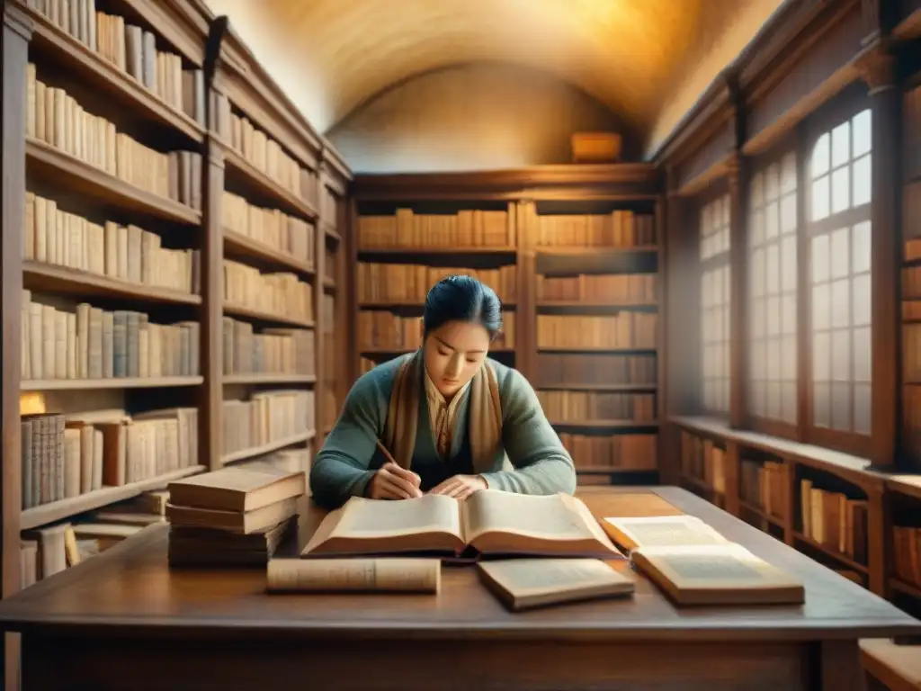 Una biblioteca antigua serena, llena de pergaminos y textos en lenguas muertas, invita a la reflexión y al aprendizaje de habilidades