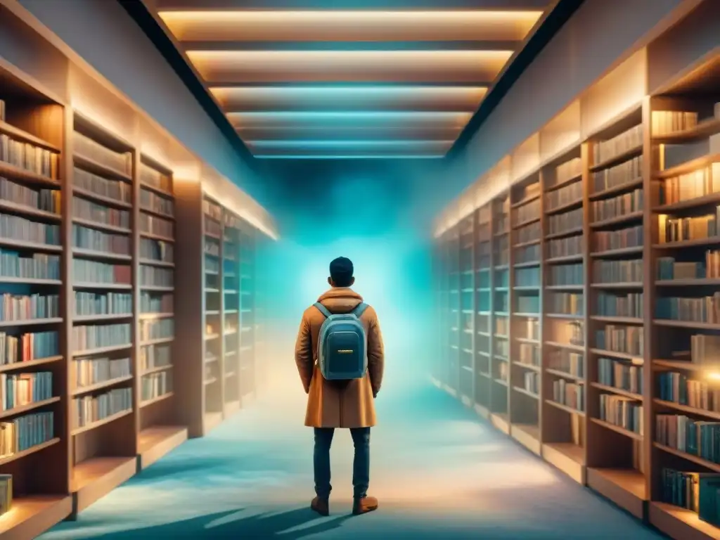 Una biblioteca futurista llena de libros diversos iluminados suavemente, donde la tecnología y la cultura se funden