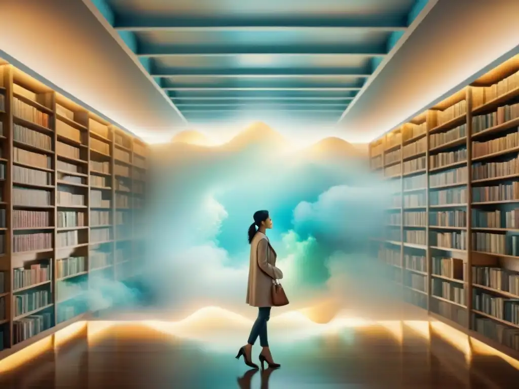 Una biblioteca futurista llena de libros flotantes con diseños de IA, iluminada por una luz etérea