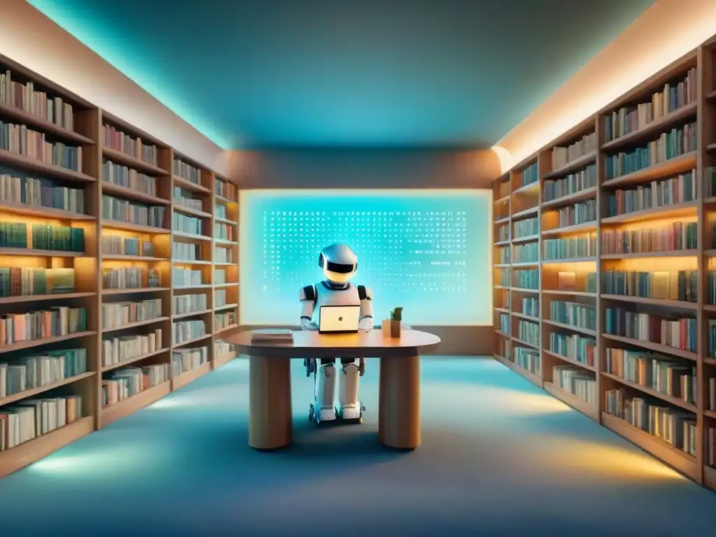 Una biblioteca futurista, donde robots y seres digitales escriben poesía, rodeados de libros flotantes y pantallas brillantes con versos generados por algoritmos