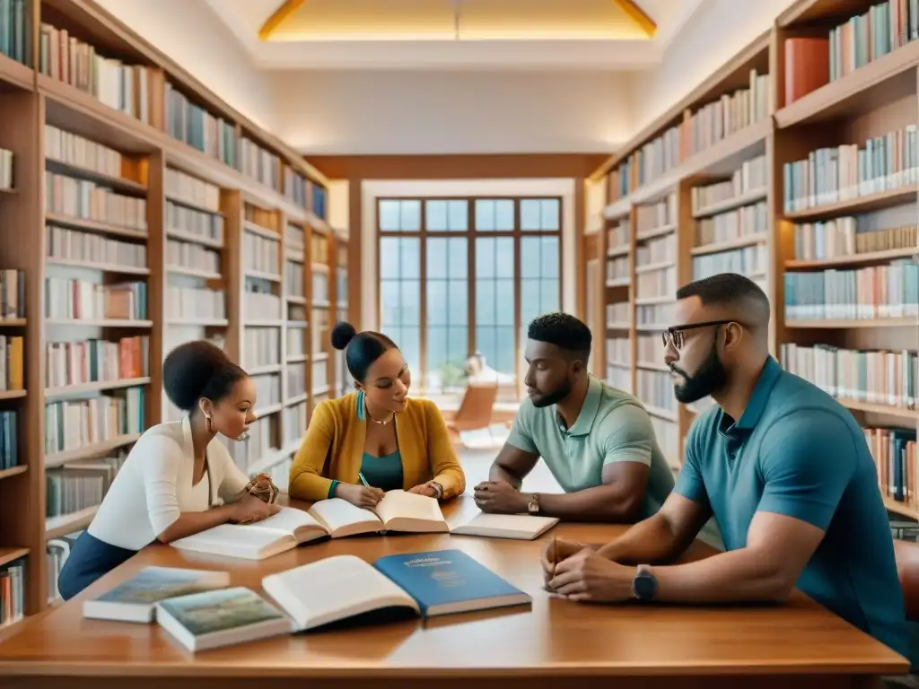 Una biblioteca luminosa donde personas de distintas culturas escriben autobiografías en sus dialectos