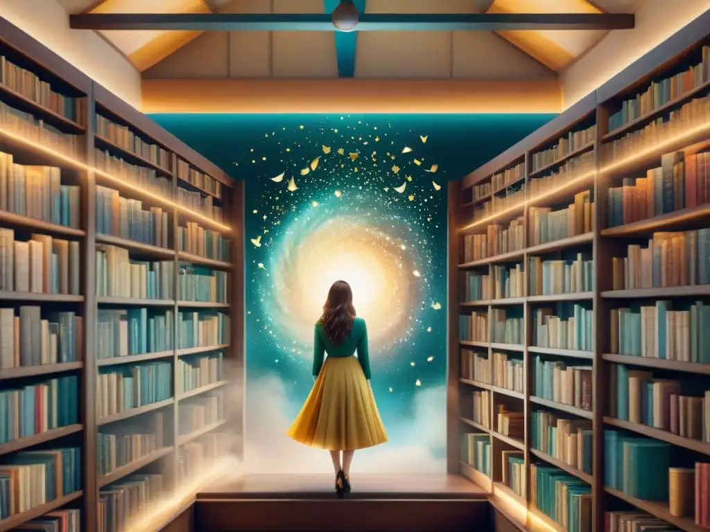 Una biblioteca mágica llena de libros flotantes y palabras en varios idiomas, con luz dorada