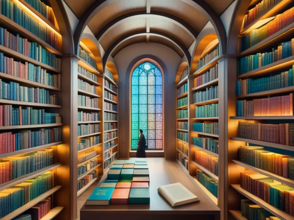 Una biblioteca mágica repleta de libros de colores, con códigos entrelazados, iluminada por una luz etérea