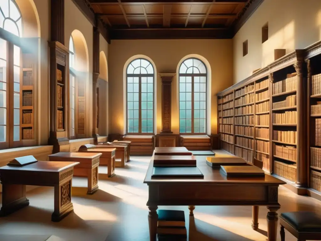 Una biblioteca romana antigua bañada en luz dorada, repleta de pergaminos y libros encuadernados en cuero